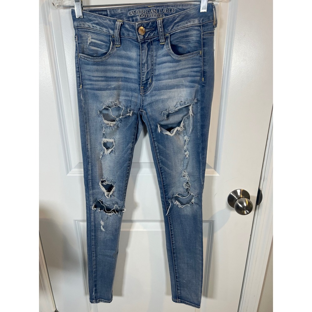 American Eagle Womens Skinny Jeans Heavy Distressed Blue‎ 4 Regular